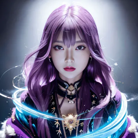 32K（tmasterpiece，k hd，hyper HD，32K）Long flowing bright purple hair，Autumn Pond，zydink， a color， Asian people （Kizi）， （Silk scarf）， Combat posture， looking at the ground， long whitr hair， Floating bright purple， Fire cloud pattern gold tiara， Chinese long-s...