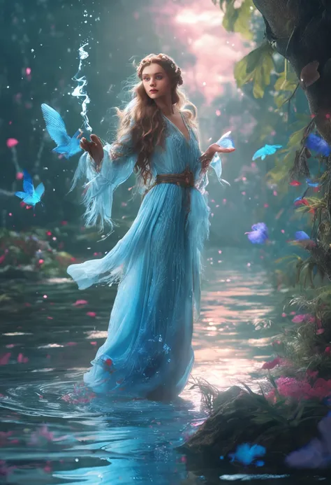 Beauty holding wand，Drift through the forest，Long hair like a cloud，Blue eyes flashing，Dressed in luminous clothing，The water is full of water，A gentle breeze。