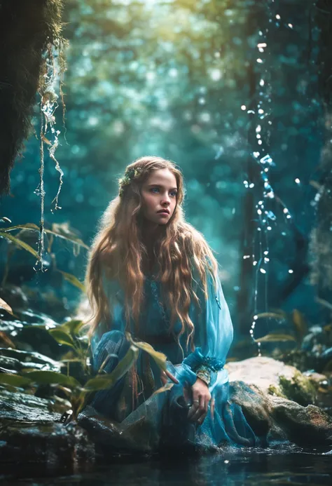 Beauty holding wand，Drift through the forest，Long hair like a cloud，Blue eyes flashing，Dressed in luminous clothing，The water is full of water，A gentle breeze。