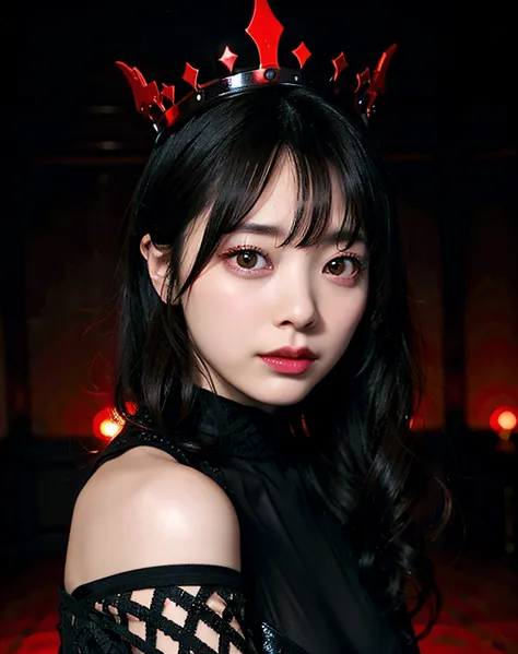 black walls、Illuminated by a red spotlight、Demon Kings Castle、demon king、femele、Diabolical、Red eyes、a gorgeous（black hair short cut、Forehead 1:2）