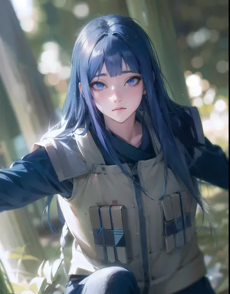 mulher com cabelo azul e um colete posando para uma foto, Hinata hyuuga, Hinata, hyuuga, Byakugan, Arte no estilo de Guweiz, estilo anime 4K, anime fotorrealista, arte de anime realista, menina anime jovem realista, Estilo anime 3D realista, menina anime a...