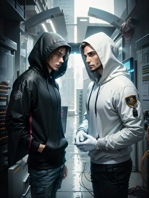 They were two men standing in a room with a lot of wires, wearing netrunner clothing, tech robes, wlop and andrei riabovitchev, Cyberpunk clothes, Cyberpunk costumes, cyber punk style, cyberpunk techwear, cyberpunk fashion clothes, techwear outfits, cyberp...