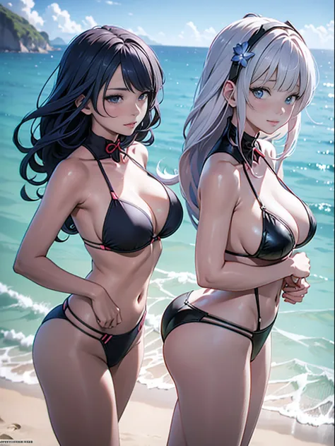 Two women in bikinis pose for a photo on the beach, seductive anime girls, beautiful and seductive anime woman, Guviz-style artwork, Perfect white haired girl, Guviz, Beautiful anime girl, ross tran. scenery background, in beach, Beautiful anime woman, tre...