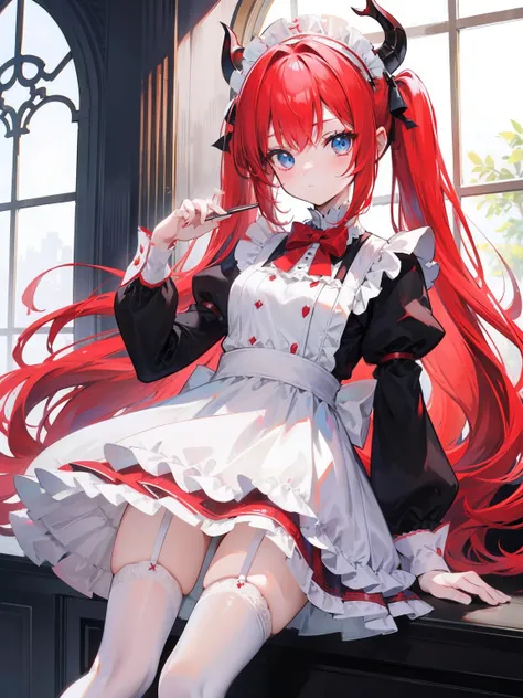 red hair,blue eyes,twintails,maid, long hair, long sleeves, gothic, solo, loli,Short skirt, white stockings,{{best quality}}, {{masterpiece}}, {{ultra-detailed}}, {illustration}, {detailed light}, {an extremely delicate and beautiful},little girl,cute,drag...