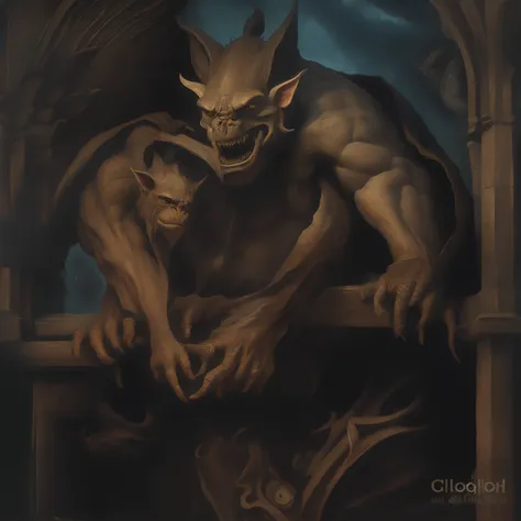 colorful painting of a gargoll on a building with a clock, gargoyles, james jean and clyde caldwell, detailed 3d gothic oil pain...