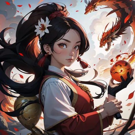 1girl, liuyun, fire ball, long hair, floating hair, hair flower, eastern dragon, red and white, upper body, looking at viewer,