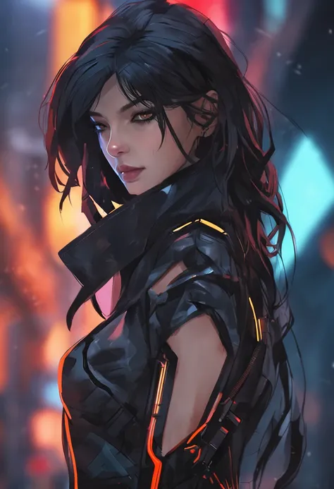 Handsome girl，sci fi background，Headshot，black color hair，mid - length hair，Dark Department