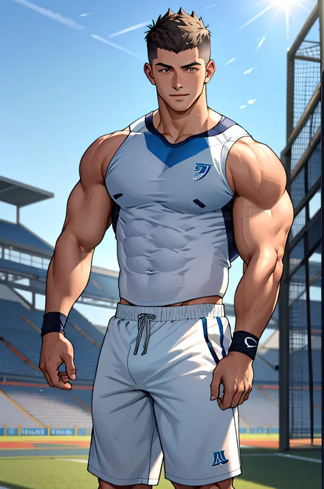 Draw a full-fledged athlete，Stand on the central field of the gym，He wears high-end sportswear，The man looks confident and determined，rays of sunshine，cheerful big breasts，Handsome，Crew cut，full bodyesbian，shooting from below，