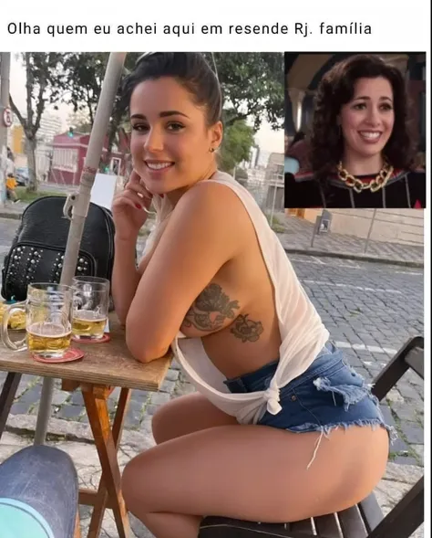 Theres a woman sitting at a table with a beer, Maia Sandu Hiper-realista, foto vazada, brasileira de 25 anos, PAWG, Side boobs, big tits, artistic nude, hyperrealism, 4K, UHD, +18, soft porn, sexy woman, micro shorts, transparency, sexy position, sexy look...