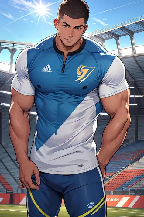 Draw a full-fledged athlete，Stand on the central field of the gym，He wears high-end sportswear，The man looks confident and determined，rays of sunshine，cheerful big breasts，Handsome，Crew cut，full bodyesbian，shooting from below，