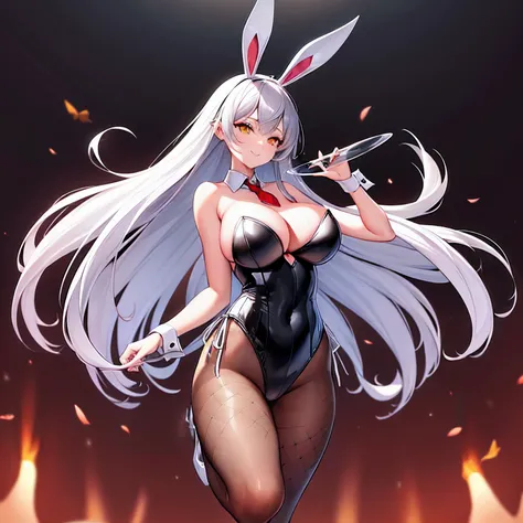 1girl, solo, yellow eyes, playboy bunny, animal ears, leotard, rabbit ears, red eyes, medium hair, pantyhose, large breasts, white leotard, cleavage, grey hair, fishnets, wrist cuffs, strapless, looking at viewer, detached collar, strapless leotard, covere...