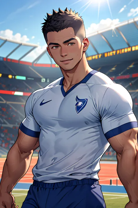 Draw a full-fledged athlete，Stand on the central field of the gym，He wears high-end sportswear，The man looks confident and determined，rays of sunshine，cheerful big breasts，Handsome，Crew cut，full bodyesbian，shooting from below，