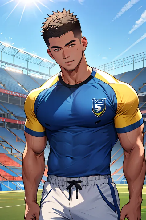 Draw a full-fledged athlete，Stand on the central field of the gym，He wears high-end sportswear，The man looks confident and determined，rays of sunshine，cheerful big breasts，Handsome，Crew cut，full bodyesbian，shooting from below，