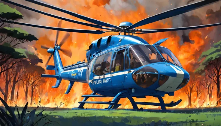 helicoptero azul fazendo combate incendio em mata verde com bambi laranja