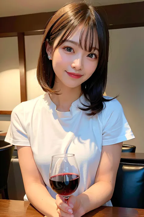 (8k、RAW Photography、top-quality、​masterpiece:1.2)、(realisitic、Photorealsitic:1.37)、ultra-detailliert、 1 girl in、cute little、Wine drinking、独奏、Beautiful detailed sky、Detailed Cafe、natta、sitting on、date、(blush of the nose)、(a smile:1.1)、(Mouth closed)、large f...