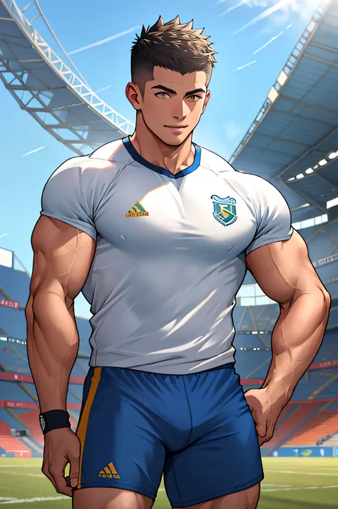 Draw a full-fledged athlete，Stand on the central field of the gym，He wears high-end sportswear，The man looks confident and determined，rays of sunshine，cheerful big breasts，Handsome，Crew cut，full bodyesbian，shooting from below，