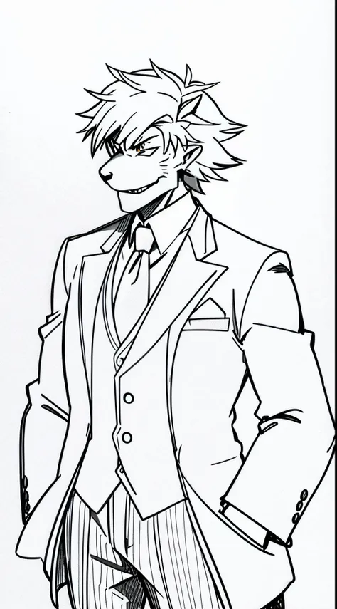 Draw a man in a suit and tie， young male anthro dragon, sketchy artstyle, thick furry neck and chest fluff, as an anthropomorphic dragon, with shoulder pads, heavy outline, as a dnd character, thick lineart, but as an anthropomorphic dragon, Delicate andro...