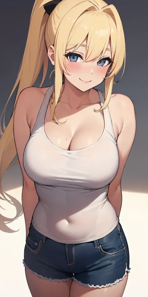 (Best quality:1.3), blonde ponytail busty, tight camisole, shorts, standing, cleavage, (pov, close shot), smiling, blushing:1.3