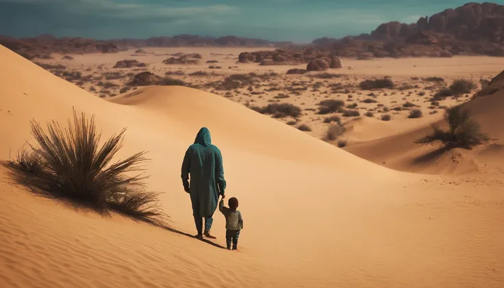 HOMEM VELHO, SENTADO NA AREIA, IN THE DESERT NEXT TO A CHILD, OLHANDO PARA AS ESTRELAS, A NOITE, realistico,