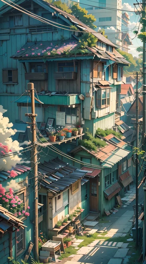 Very cozy little place, surrealism, (Makoto Shinkai anime: 0.4), dilapidated old houses on city streets, home wiring, outdoors, sky, clouds, daytime, landscapes, trees, blue sky, buildings, signs, wires, railings, Wide shot, telephone poles, town, wilderne...