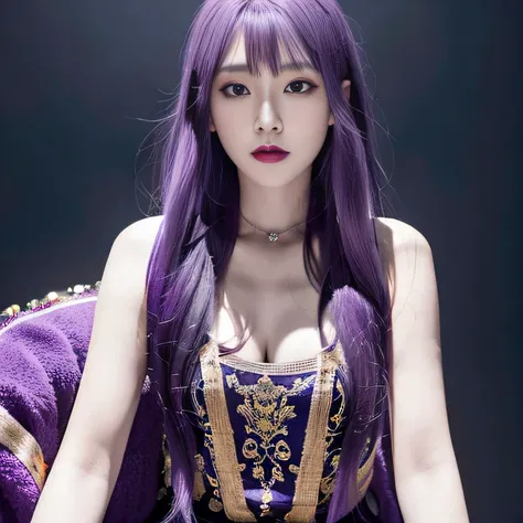 32K（tmasterpiece，k hd，hyper HD，32K）Long flowing bright purple hair，Autumn Pond，zydink， a color， Asian people （Kizi）， （Silk scarf）， Combat posture， looking at the ground， long whitr hair， Floating bright purple， Fire cloud pattern gold tiara， Chinese long-s...