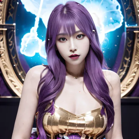 32K（tmasterpiece，k hd，hyper HD，32K）Long flowing bright purple hair，Autumn Pond，zydink， a color， Asian people （Kizi）， （Silk scarf）， Combat posture， looking at the ground， long whitr hair， Floating bright purple， Fire cloud pattern gold tiara， Chinese long-s...