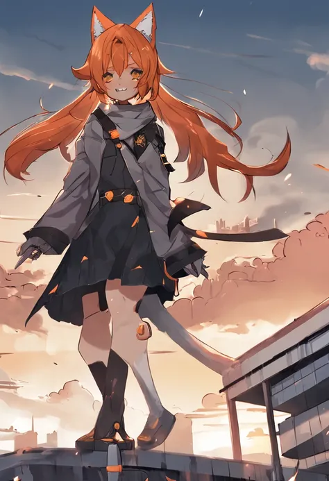 (masterpiece, best quality), 1girl, solo, full body, yellow eyes, orange hair, short hair, fox ears, kitsune, building, city, cloudy sky, Seifuku, boots, katana, squat down, spread legs, evil smile, evil eyes, looking at viewer, outdoors, rooftop, sky, sky...