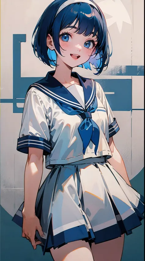 Dark blue hair、bob cuts、white hairband、Show your teeth and smile、White sailor suit、School uniform with short sleeves、symple background、high-level image quality