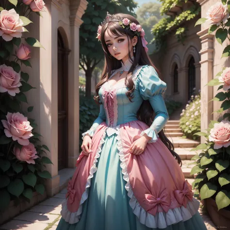 A princesa e os gansos, 1 Girl, plano de fundo jardim de rosas, rosas, alta qualidade, super detalhado, pintura realista.