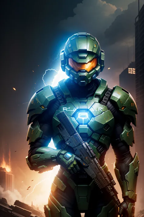 A character from the game Halo 3, On the background of the game, Cinematic lighting, Halo 3 Playstyle, Cartana, SPARTAN-II