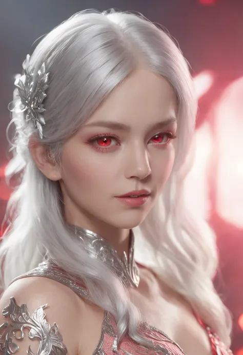 silver-haired woman，red color eyes，Pointy ears，Qi bangs，White hair and glowing lights in pink dress，beautiful digital artworks，Fantasize with gorgeous lights，gorgeous digital art，stunning digital illustration，digital fantasy art），3 D rendered character art...