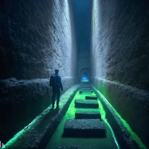 there is a man walking down a long narrow path in a tunnel, smelting pitbeeple, liminal space hallway, beeple and jean giraud, beeple and mike winkelmann, ancient alien portal, ancient persian temple dungeon, reminiscent of blade runner, spooky creepy limi...