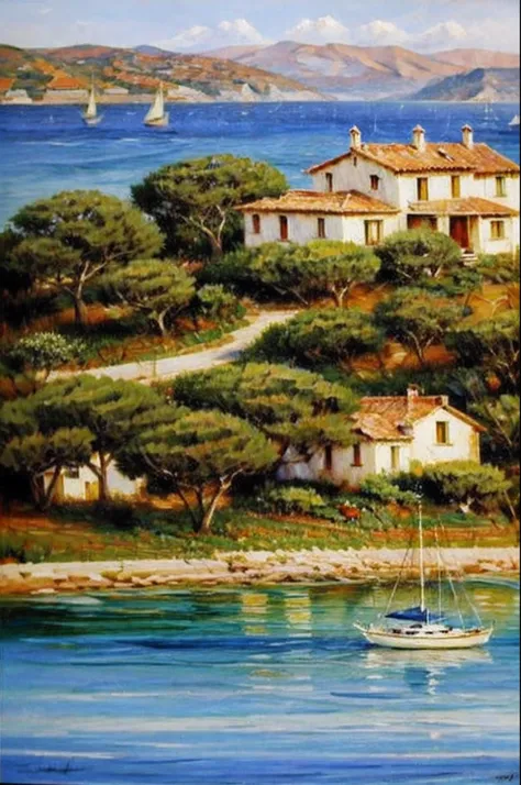 painting of a house overlooking the ocean and a boat, beautiful, Italian beach scene, Mediterranean landscape, ((masterful oil painting on canvas: 1.5)), vintage painting, 4k, award-winning work