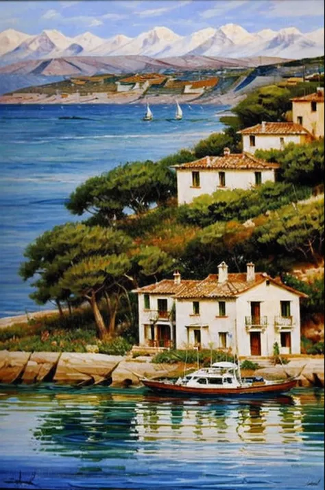 painting of a house overlooking the ocean and a boat, beautiful, Italian beach scene, Mediterranean landscape, ((masterful oil painting on canvas: 1.5)), vintage painting, 4k, award-winning work