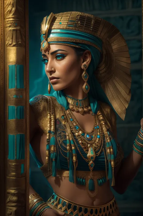 Egyptian woman in costume, posing with jewelry, in the style of dark gold and dark cyan, epic fantasy scenes, national geographic photo, northern and southern dynasties, intense gaze, rim light, ornate details