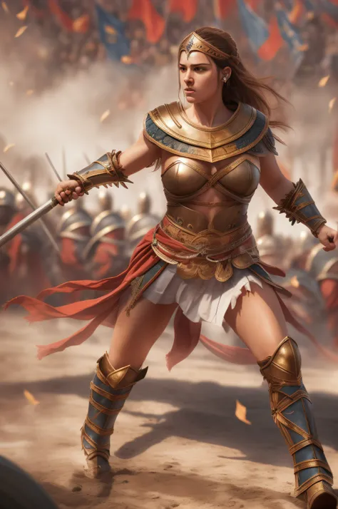 She is a Greek warrior, dressed in light Greek leather armor, she fights a mighty warrior in the Greek arena, with lots of crowds, she is fearless, realistic, 8k,