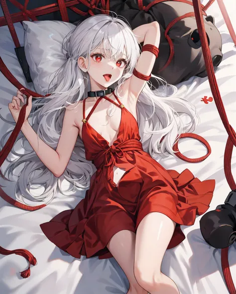 Little loli with white hair and red pupils。Stockings on the legs,without wearing shoes, 。The bed was full of white liquid。delicate leg。No bra wearing，Huge tits，Reveals small ，Exposing the sexual organs，Small and delicate feet。There is a large amount of whi...