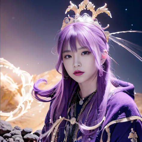 Outdoor 32K（tmasterpiece，k hd，hyper HD，32K）Long flowing bright purple hair，Autumn Pond，zydink， a color， Asian people （Kizi）， （Silk scarf）， Combat posture， looking at the ground， long whitr hair， Floating bright purple， Fire cloud pattern gold tiara， Chines...