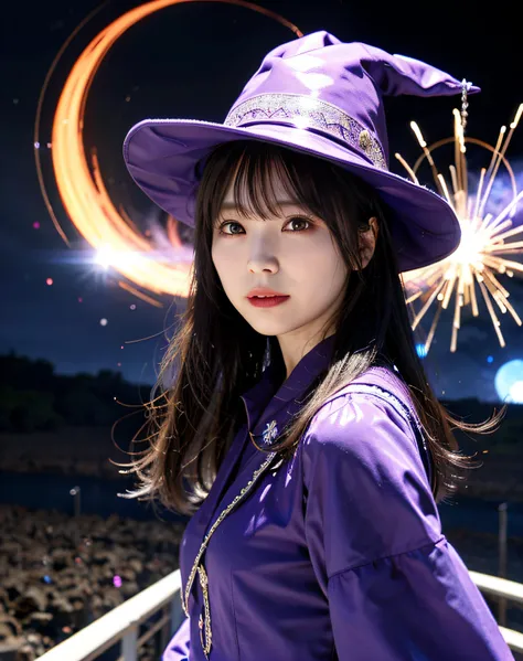 sorcerer、Skysky、are flying、Background with：blue-sky、Purple clothes、Witch Hat、uses magic、Emit red light、strong lights