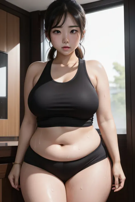 a beauty girl、Erotic、the face is round、Plump、((full of sweat))、cute little、embarrassed from、thighs thighs thighs thighs、Be undress、Wearing a tank top