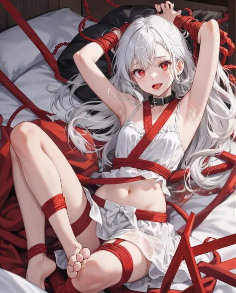 Little loli with white hair and red pupils。Stockings on the legs,without wearing shoes, 。The bed was full of white liquid。delicate leg。No bra wearing，Huge tits，Reveals small ，Exposing the sexual organs，Small and delicate feet。There is a large amount of whi...