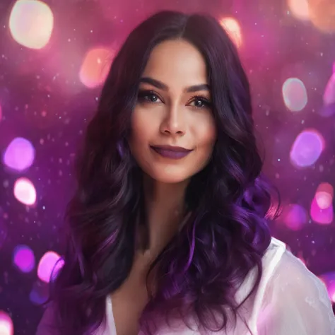 Beautuful Women，Headshot，Black shoulder-length hair，Gentle smile，3d，𝓡𝓸𝓶𝓪𝓷𝓽𝓲𝓬，dreamy background，purpleish color