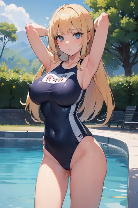 ((Best Quality, 8K, ultra-detailed, Masterpiece: 1.3)), 1girl, shiny skin, sharp, Perfect Body Beauty, realistic shaded perfect body, ("school swim suit, white, transparent_pussy":1.2),big_breasts ,(dynamic pose:1.1), thigh , cute , pool side