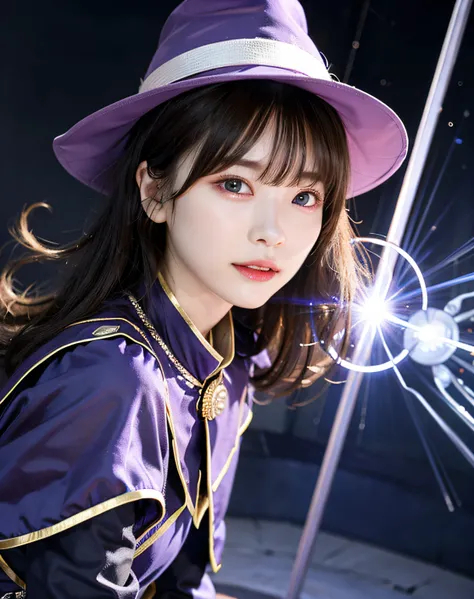 sorcerer、Skysky、are flying、Background with：blue-sky、Purple clothes、Witch Hat、uses magic、Emit red light