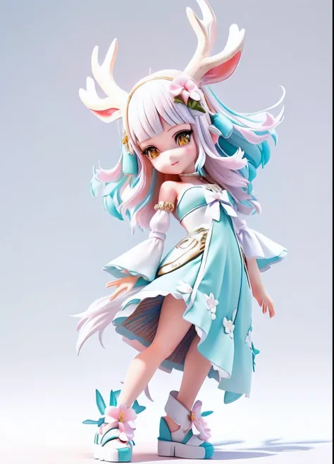 Close up of deer head doll on reef by the sea, Stylized anime, There are small fish around，render of a cute 3d anime girl, cute 3 d render, anime styled 3d, cute character, elf girl wearing an flower suit, trending on cgstation, character design contest wi...