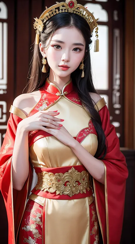 (8k, RAW Photo, Best Quality, Masterpiece: 1.2), (Realistic, Realistic: 1.37), 1 Girl, Aalfi Woman Posing for Photo in Red Dress and Headdress, Gorgeous Role Play, Beautiful Costume, Complex Fantasy Dress, Beautiful Fantasy Queen, Chinese Dress, Complex Dr...