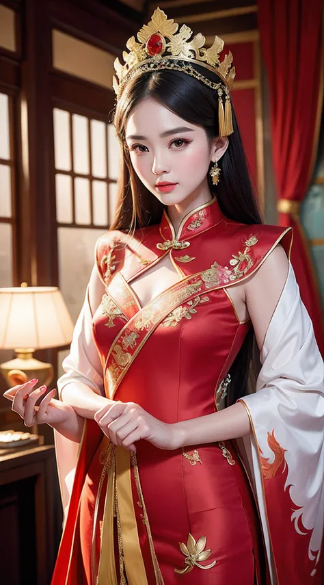 (8k, RAW Photo, Best Quality, Masterpiece: 1.2), (Realistic, Realistic: 1.37), 1 Girl, Aalfi Woman Posing for Photo in Red Dress and Headdress, Gorgeous Role Play, Beautiful Costume, Complex Fantasy Dress, Beautiful Fantasy Queen, Chinese Dress, Complex Dr...