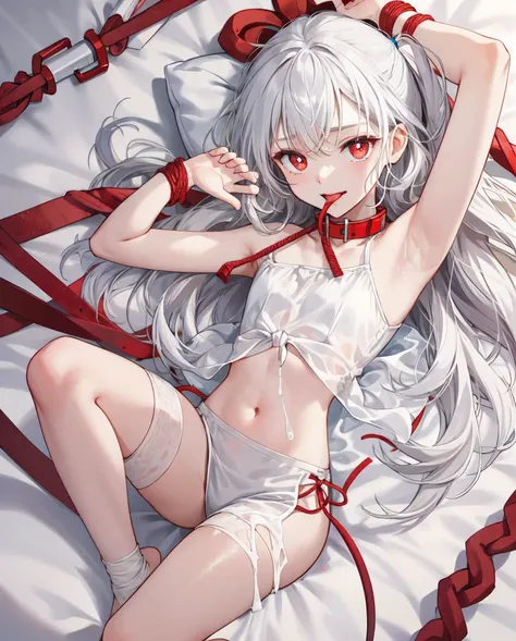 Little loli with white hair and red pupils。Stockings on the legs,without wearing shoes, 。The bed was full of white liquid。delicate leg。No bra wearing，Go over and fight first，Reveals small ，Reveal a little bit of the sexual organs，Small and delicate feet。Th...