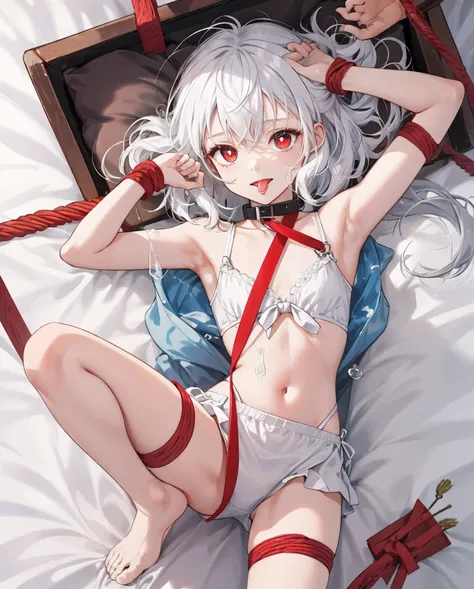 Little loli with white hair and red pupils。Stockings on the legs,without wearing shoes, 。The bed was full of white liquid。delicate leg。No bra wearing，Go over and fight first，Reveals small ，Reveal a little bit of the sexual organs，Small and delicate feet。Th...