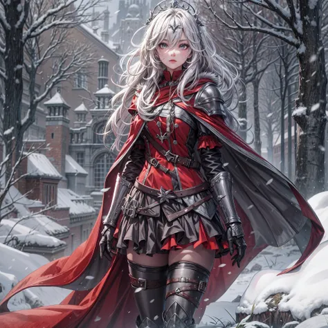 (Masterpiece, Best Quality, High Quality, absurdres, highres:1.2), Medieval, Fantasy, Full Body, (Solo:1.5), Woman, Older, Adult, Long Hair, Silver Hair, Sidelocks, Hair between Eyes, Grey Eyes, Eyeliner, (Grey Eyes:1.3), (Red Eyeliner:1.2), (Red Fur Capel...